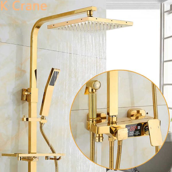 Badezimmer-Duschsets, Heiß-Kalt-Duschsystem, Badezimmer-Thermostat-Gold-Duschset, Wandmontage, SPA, Regenfall, LED-Badewannenarmatur, quadratischer Kopf, modern, Torneira G230525