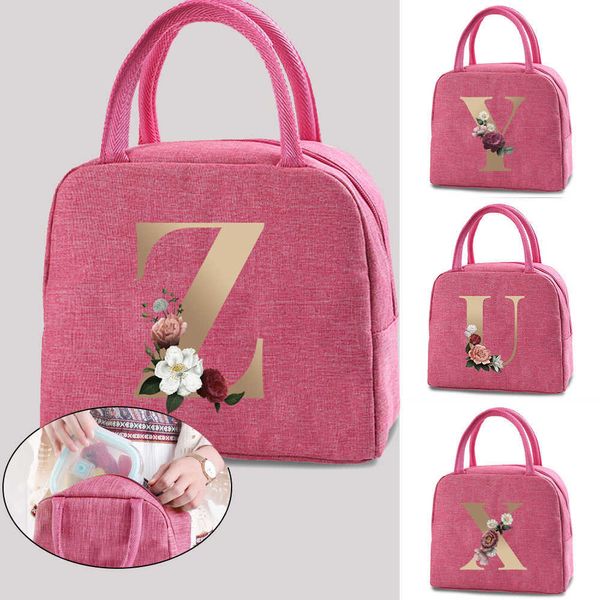 Pacote de mochila com letra inicial de ouro portátil com zíper quente v w x y z saco feminino Bolsa de armazenamento de lanchonetes convenientes de comida P230524