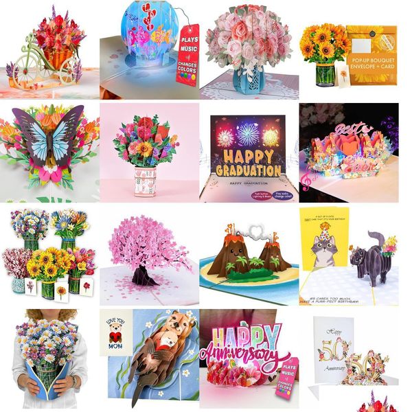 Tebrik Kartları Taze Kesim Kağıt Pop Up 12 inç Yaşam Boyutlu Çiçek Buket 3D Popup Not kartı ve zarf damla Deli DHV3p