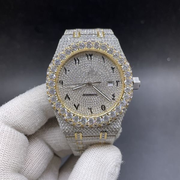 Iced Out 2tone Yellow Gold Case 42 мм Cz Diamonds Big Bezel Diamond Face Automatic 2813 Men Shiny Watch