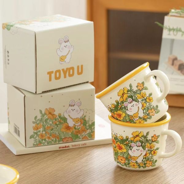 Fofo rural rural coelho caneca de cerâmica caseira de água alta beleza inseto copo de café copo meninas de café da manhã copo de café da manhã