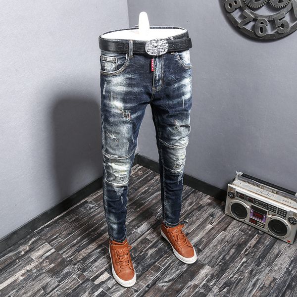 Jeans da uomo Fashion Streetwear Jeans strappati Uomo Retro Blue Elastic Slim Fit Biker Jeans Homme Ricamo Designer Pantaloni Hip Hop Denim Hombre 230524