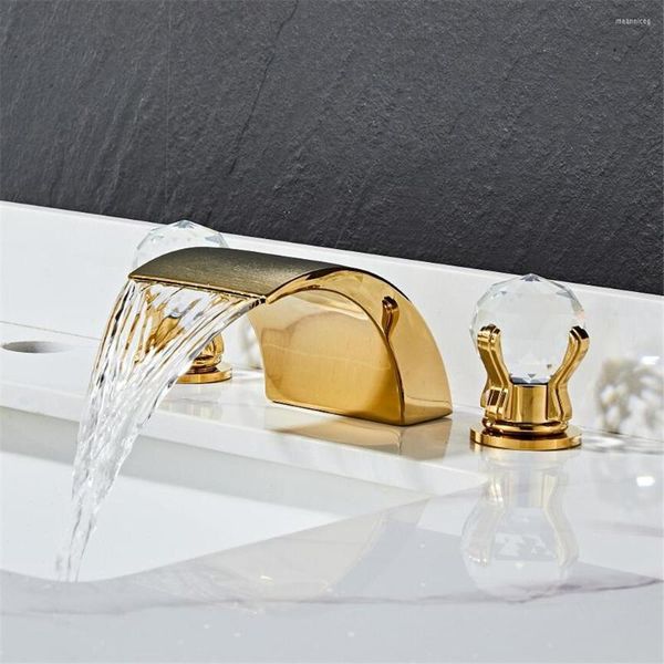 Badezimmer-Waschtischarmaturen Tuqiu Schwarzer Beckenhahn Messing Gold Verbreiteter Kristall 3-Loch und kalter Wasserfallhahn
