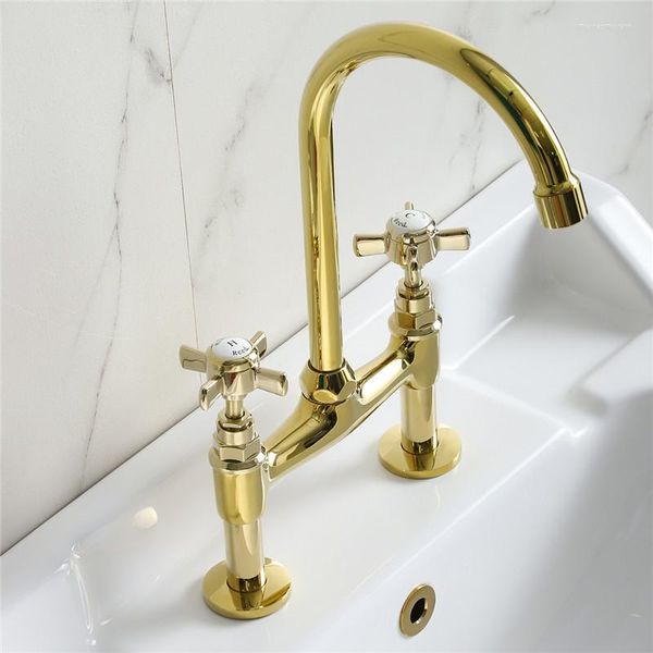 Küchenarmaturen Tuqiu Pot Filler Tap Deck montiert rotierenden Wasserhahn und kalte Doppellöcher Spüle drehen Auslauf Gold Messing