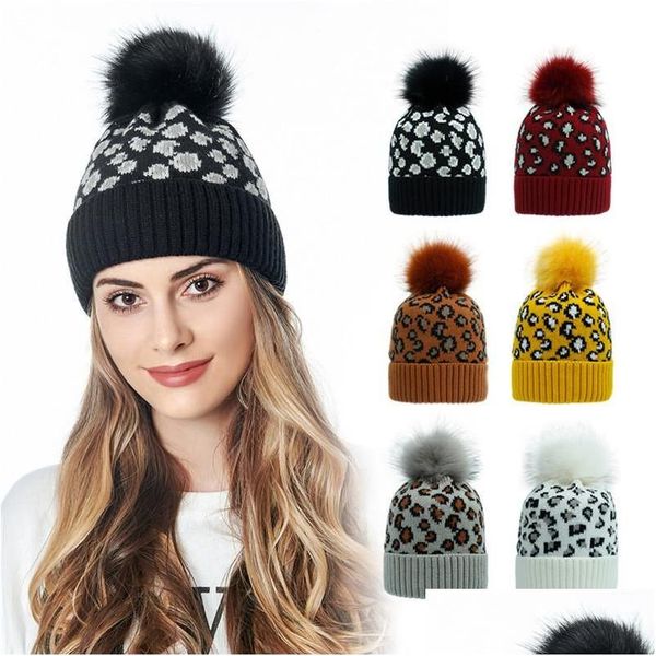 Beanie / Skull Caps Cappello lavorato a maglia invernale per le donne Ragazze Warm Pom Wool Cap Ladies Leopard Skl Cappelli Fashion Cuff Beanie Fuzzy Outdoor Dro Dhcj9