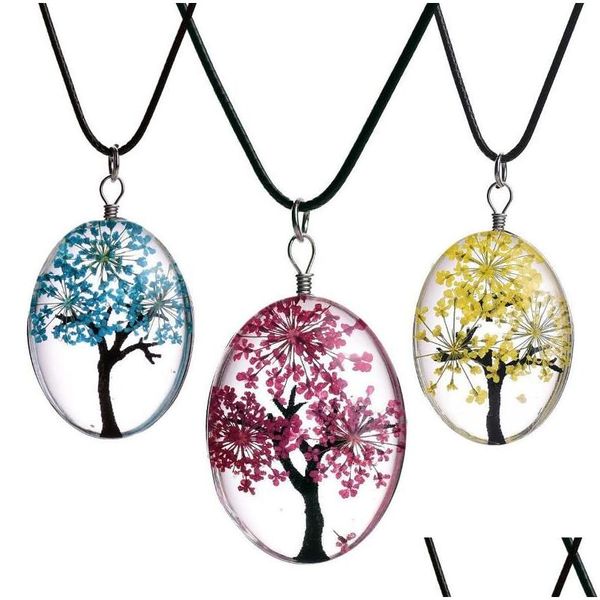 Colares pendentes Colar de flores secas Vidro de vidro Oval Tree of Life Designer Jóias de moda para mulheres Drop Pingents Dh7oh