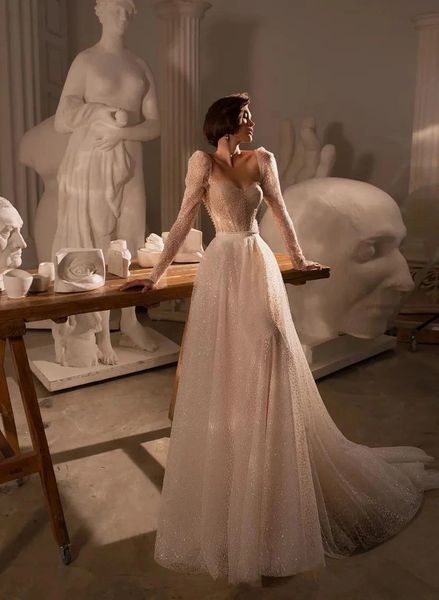 Glänzendes Schatz-Prinzessin-Hochzeitskleid mit langen Ärmeln, Perlen verziert, Glitzer-Pailletten-Tüll, Boho-Brautkleid 2023, Vestidos de Novia