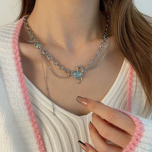 Collane con ciondolo Chic Girl Women Collana in acciaio inossidabile Blue Moonstone Design Clavicola Maglione Catena Accessori artistici