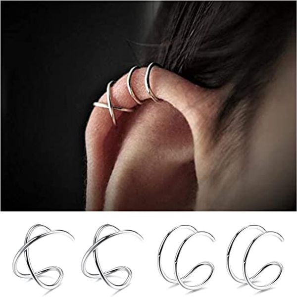 4 pezzi polsino dell'orecchio in acciaio inossidabile Criss Cross doppie linee polsini dell'orecchio non piercing minimalista falso Helix Earcuff cartilagine orecchino