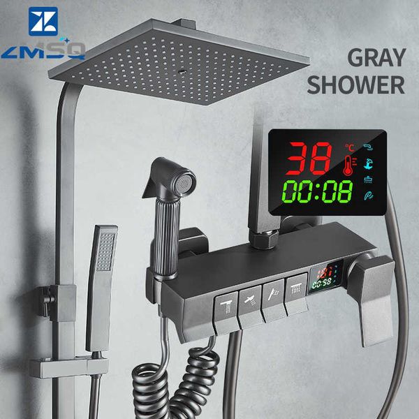 Bathroom chuveiro Conjunto de chuveiro de banheiro Termostato cinza Display Digital Torneiras Torneiras de torneira de torneiras de cobre Sistemas de chuveiro para banheira TAP G230525