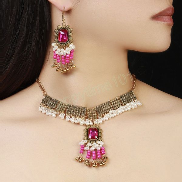Boho Vintage Pink Square Crystal Orecchini Set di gioielli da donna Collana con nappe color oro antico Collana con nappe Femme Gioielli indiani