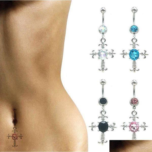 Obigo do botão do umbigo Crystal Crystal Cross Belly 316L Aço inoxidável Barbells Dangle Piercing Jewelry Drop Body Dhz8w