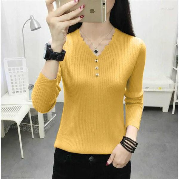 Kadın Sweaters sarı kız ol düğme yeleği kazak düşük v yakalı kazak kadın tişört kadınlar ince üst kumaş gömlek giysileri
