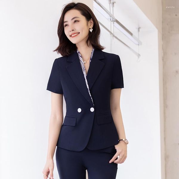 Pantaloni a due pezzi da donna Blazer estivo Abiti da lavoro da donna 2 Pantaloni e top Set Giacche da lavoro Ladies Office Uniform Style Blu navy