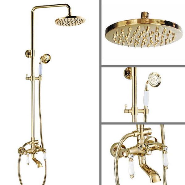 Badezimmer-Duschsets, goldfarbenes Messing, zwei Keramikgriffe, Wandmontage, Badezimmer-Regenduschkopf, Badewannen-Wasserhahn-Set, Telefonform, Handbrause mgf372 G230525