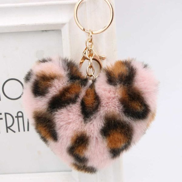 Tecla anéis PLUSH Rex Rabbit Heart Pom Kichain Chote Saco Carteira Charme Ring Ring Ball Fluffy - Presente de moda (Leopard)