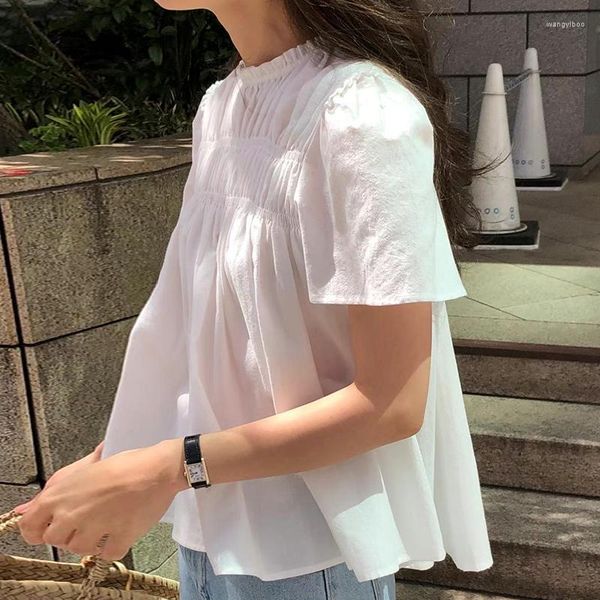 Damenblusen 2023 Koreanische Frauen Bubble Sleeve Shirt Top Sommer Französisch Sanfte Spitze Stehender Hals Frau Bluse Damen Plissee Dünn Lose