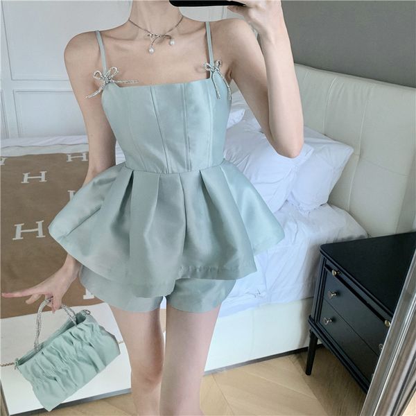 Women Summer Bow Patched Spaghetti Rieme Schlanke Taille Weste und Shorts Twinset 2 PC Hosenanzug SML