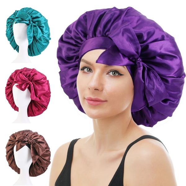 New Large Satin Bonnet Silky Night Sleep Caps per le donne Cofani con fascia per capelli Fascia per capelli con cinghie regolabili Capelli ricci a treccia