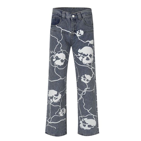 Jeans da uomo Streetwear Harajuku Y2K Jeans da uomo Funny Skull Stampa grafica Pantaloni larghi in denim Hip Hop Straight Vintage Pantaloni punk casual 230524