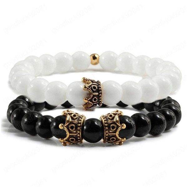 Perlen 2 Teile/satz Natürliche Tigerauge Stein Paar Armbänder Stränge Frauen Charme Metall Krone Schwarz Armband Armreifen Für Männer Drop liefern Dhjfi