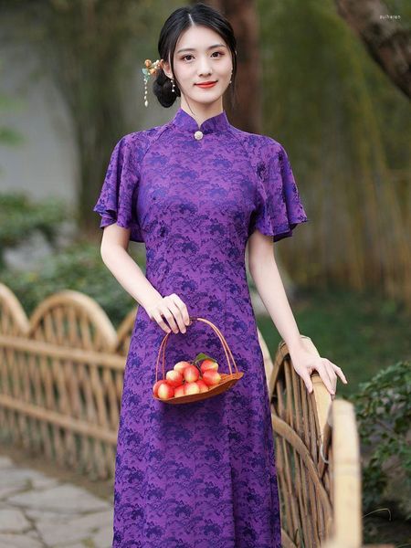 Roupas étnicas Tradicional chinesa de manga voadora jacquard cetim A-line qipao moda fashion women garotas cheongsam vestido