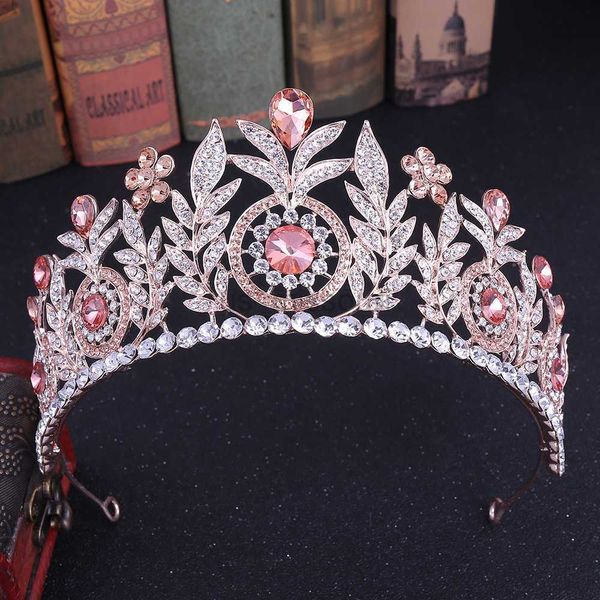 Outros acessórios de moda kmvexo barroco folha rosa rosa cristal coroa de noiva para mulheres flores nobres grandes tiaras jóias de casamento acessador de cabelo j230525