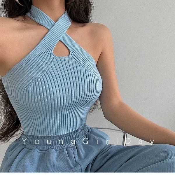 2023 Summer New Girl Spicy Girl Sexy Cross Neck Hollow Curto aberto Tampo de malha umbilical