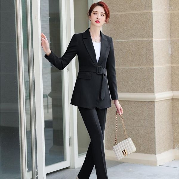 Calças de duas peças femininas feminino formal de calça de calça para mulheres Trabalho de negócios Use estilos de uniformes de escritório de escritório elegante Black Blazer