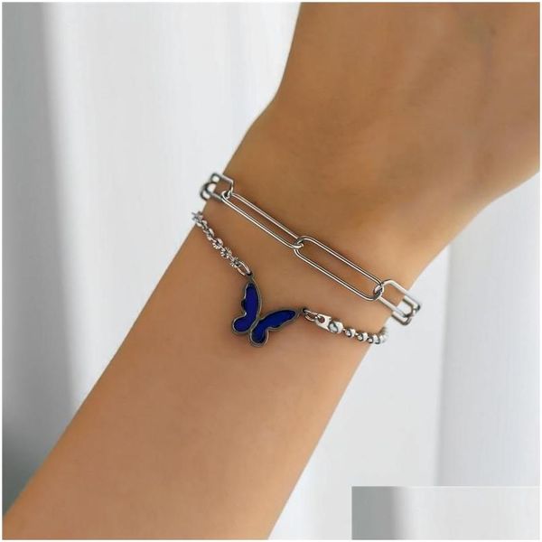 Bracelets de charme Mudança de cor de borboleta Pingente de bracelete DoubleLayer Aço inoxidável Presente de aniversário para mulheres meninas dr dh6wi
