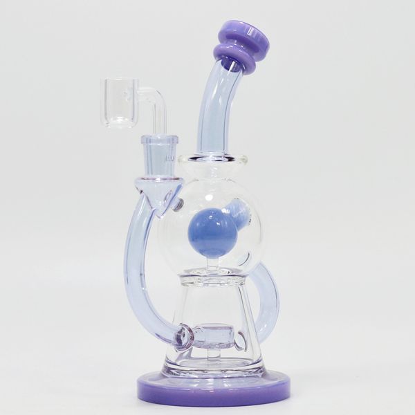 Berauschende Glasbong-Recycler-Bong, einzigartige grün-violette Beiwagen-Wasserpfeife, Duschkopf, Perc-Perkolator, Öl-Dab-Rigs, 14-mm-Verbindung mit Schüssel