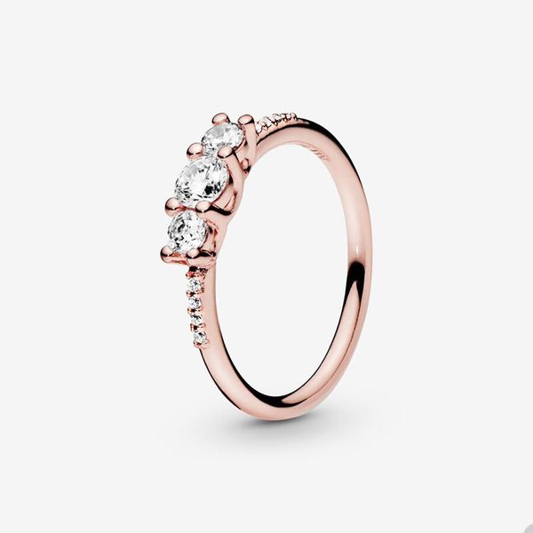 Lüks 18K Gül Pandora için Altın İstifleme Yüzükleri Clear Üç Taşlı Yüzük Seti Tase Mücevherleri Kadınlar için Kızlar% 925 STERLING Silver Party Ring Orijinal Kutu