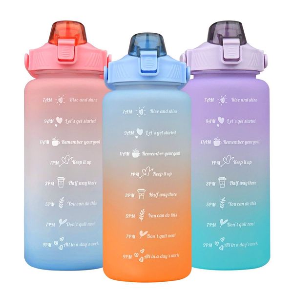 Oz BPA FREE Portátil L Sports Tumbler Motivacional Ginásio Garrafa de água de plástico com marcador de tempo Alça de palha