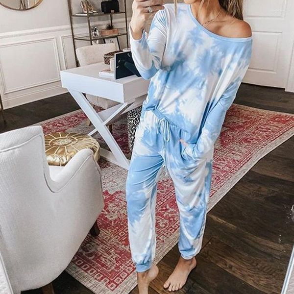 Calças de duas peças femininas OMSJ 2023 2 SET Set Gradual Tie Ty Print Blue Blue Casual Casual Tirina de Manga Longa