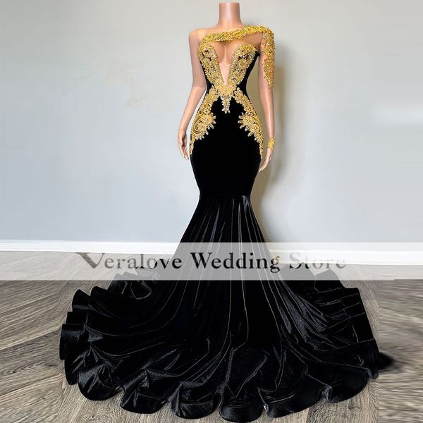 Sexy Schwarze Meerjungfrau Prom Kleider 2023 Eine Schulter Gold Applikationen Afrikanische Frauen Gala Party Kleider Vestidos De Ocasion Formales