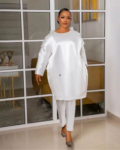 Abbigliamento etnico XL-4XL Vestiti africani Moda estiva da donna Manica lunga O-collo Bianco Rosa Due pezzi Set Top e pantaloni