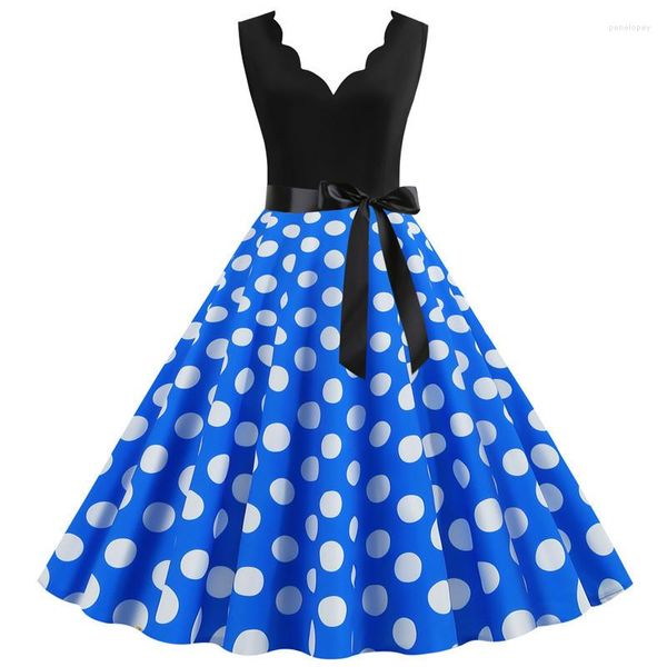 Vestidos casuais polka retro pão de verão Mulheres 2023 pinup sem mangas sexy v pesco