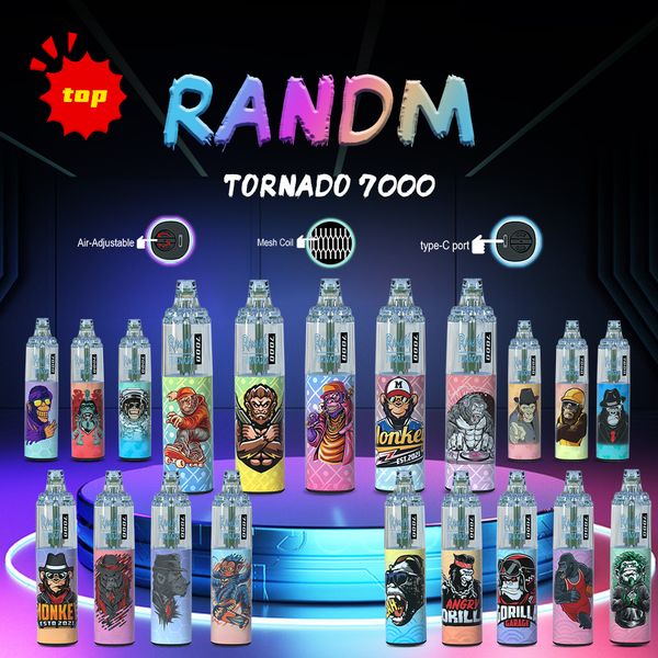 Original E-Zigarette Randm Tornado 7000 Puffs Einweg-Vape-Stift, 14 ml vorgefüllte Raucheröl-Patronenhülse, 1000-mAh-Akku, 56 Farben, Kristall-Handgriff