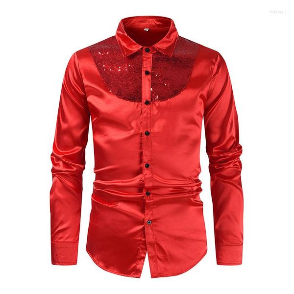 Camicie casual da uomo Camicie da uomo di lusso con paillettes rosse come seta Camicia a maniche lunghe Anni '70 Disco Party Abito da sposa Sposo Stage Chemise