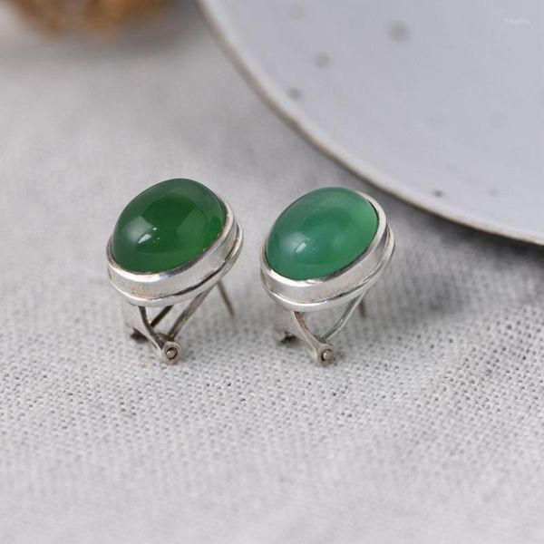 Orecchini a bottone FNJ Agata verde naturale Argento 925 Originale Puro S925 Orecchino in argento Gioielli da donna Vintage Semplice