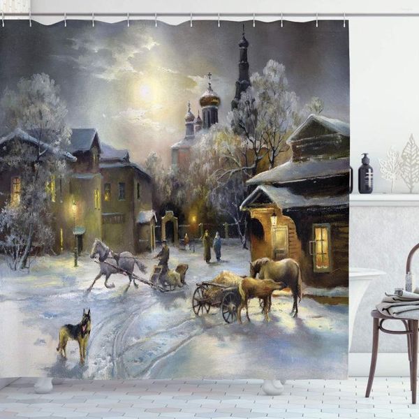 Tende da doccia Country Curtain Paesaggio invernale di una città occidentale di notte nel mondo rurale Set di decorazioni per il bagno in stile retrò