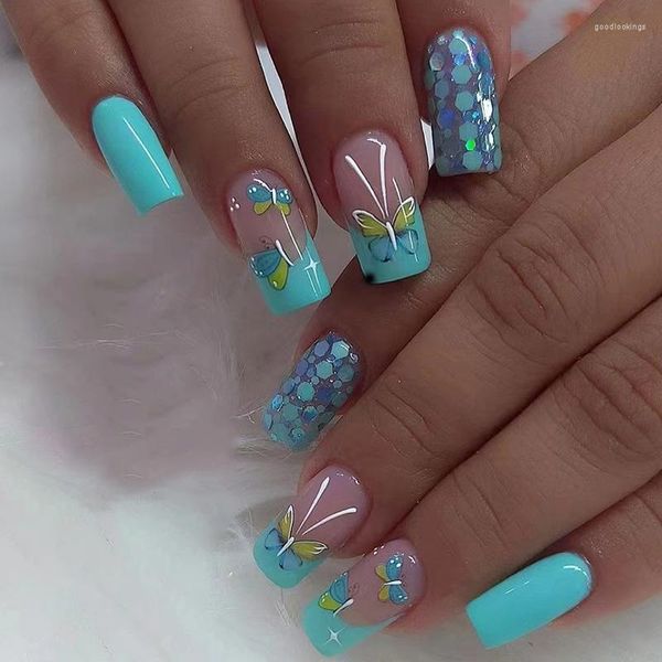 Kunstnagels 24 stks Zomer Blauw Groene Vlinder Nail Art Vierkant Liefde Ontwerp Kunstmatige Vingernagels Volledige Dekking Nep Druk Op