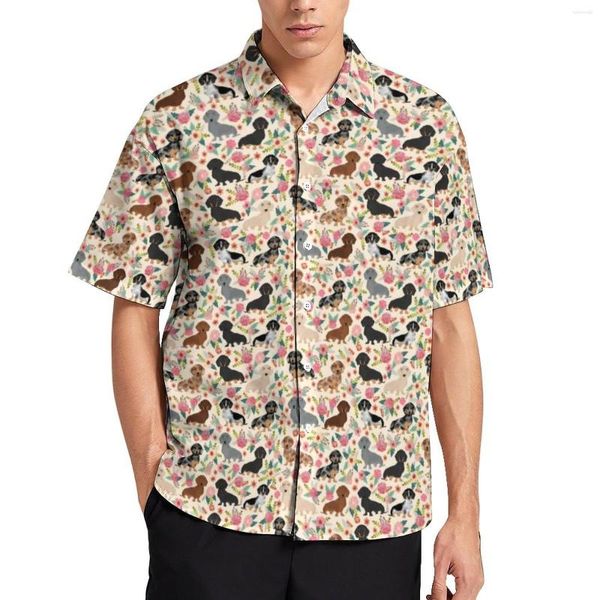 Camisas casuais masculinas camisa de praia dachshund cão floral impressão havaí masculino blusas modernas roupas de manga curta roupas de tamanho grande