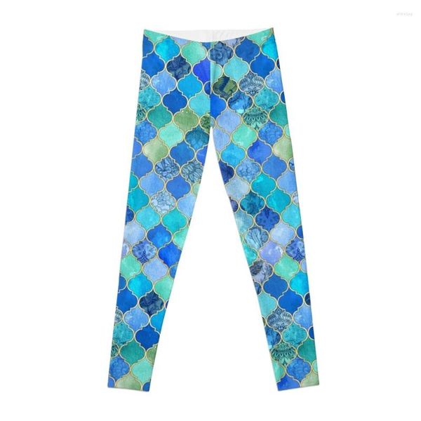 Calças ativas Cobalt azul aqua dourado decorativo marroquino padrão leggings ginástica feminina treinamento