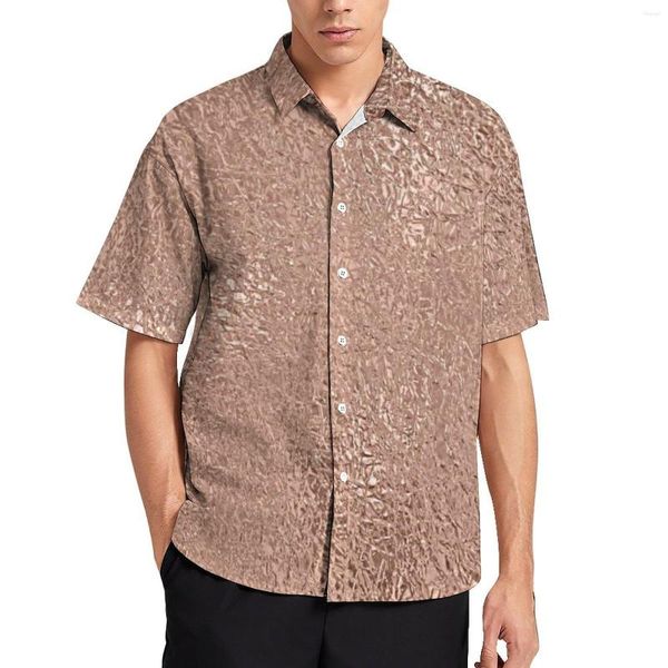 Erkekler Sıradan Gömlekler Sahte Metalik Gevşek Gömlek Erkek Tatil Gül Altın Glitter Metal Baskı Hawaii Özel Moda Büyük Boy Bluzlar