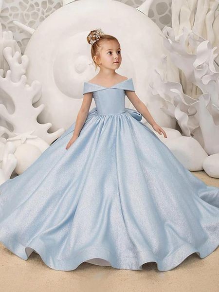 La ragazza veste l'abito da ballo elegante della principessa del raso del fiore blu per il vestito da festa di compleanno dei bambini Fiocco semplice Prima comunione