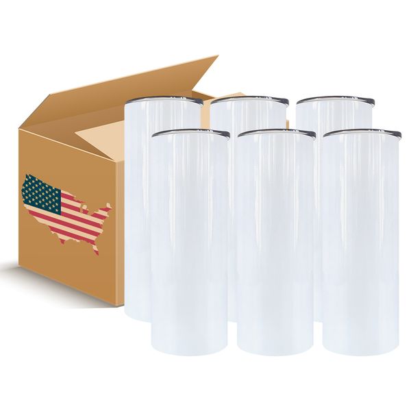 US-LAGER 20 Unzen doppelwandige Wasserflaschen Sublimation leer weiß gerade Becher aus Edelstahl mit Deckel und Kunststoffstrohhalm 50 Stück/Karton
