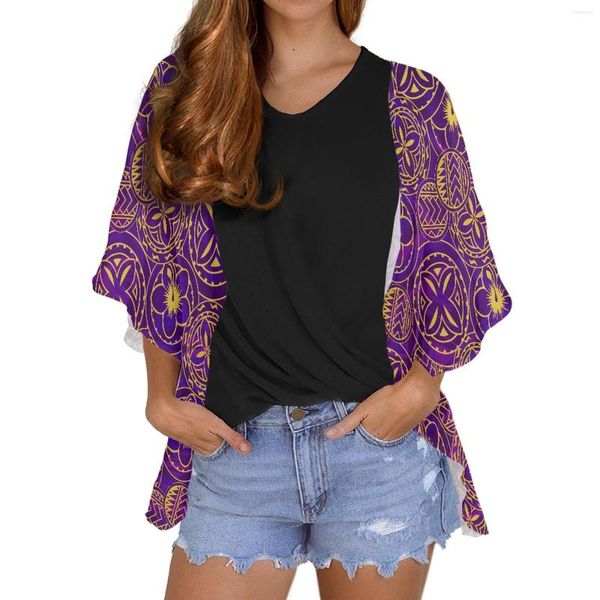 Jackets femininos moda moda roxa havaí chiffon praia cardigan blusa xale feminino polinésia tribo de verão tatuagem de manga longa