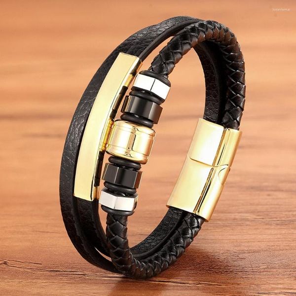 Bracelets de charme XQNI Bracelete de couro masculino Multi-camada de paredes de corda de corda Hip Hop Rock Acessórios de aço inoxidável Ano de Ano de Ano