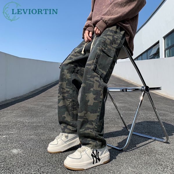 Herren Jeans High Street elastische Taille Camouflage Camo Jeans Hosen Männer Hip Hop gerade Röhre lose Mode Casual Cargo Denim Hosen 230524